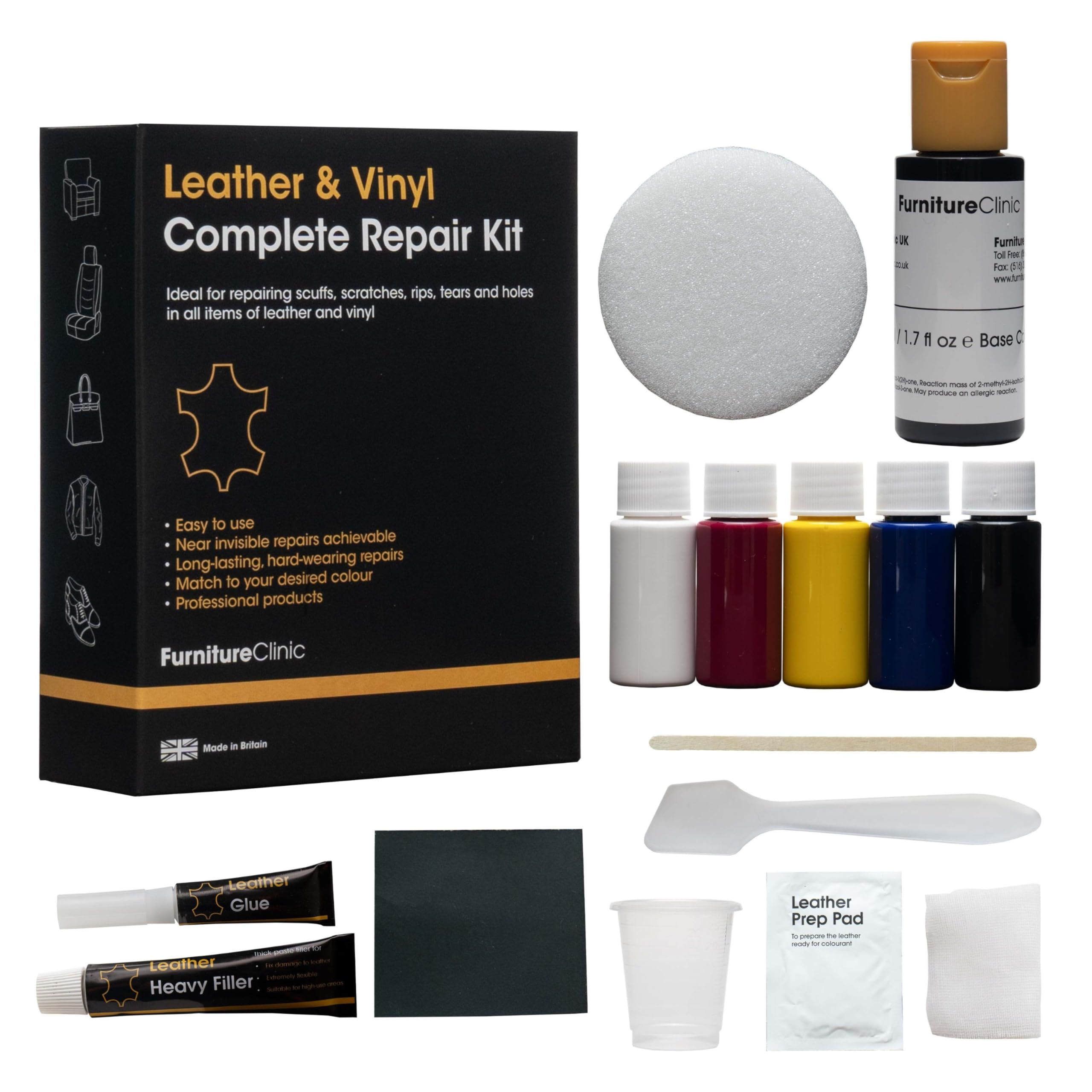 Furniture Clinic Complete Leather Repair Kit (Tan) -12 Colour Options for Sofas, Car Seats - Matches All Shades of Leather - Patch, Fill & Touch up Scratches, tears and Other Damaged Areas