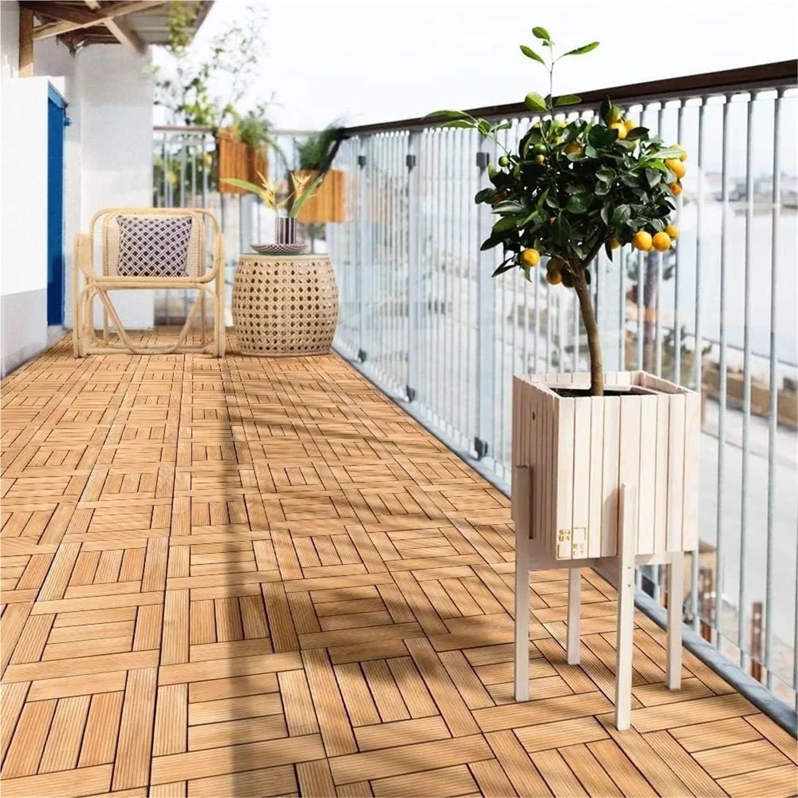 Baldosas De Terraza Exterior 27 piezas de baldosas madera entrelazadas for terraza patio, maciza y plástico, for interior exterior, 30 x cm(Khaki)