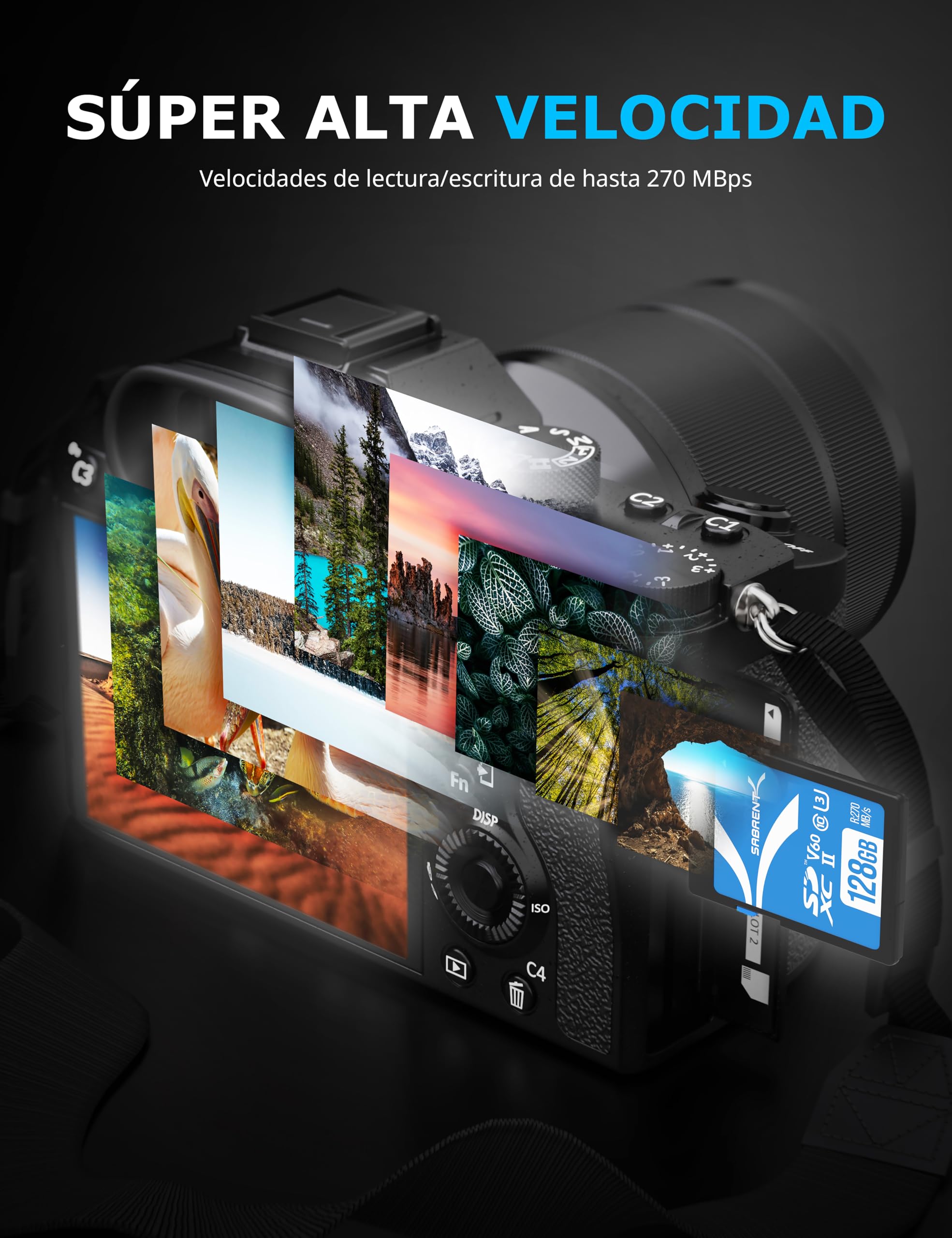 SABRENT Tarjeta de Memoria SD 128GB | SDXC UHS-II | Velocidades hasta 270 MB/s de Lectura | Clase 10, U3, V60 para fotógrafo Profesional, camarógrafo y Vlogger | Full HD/4K [SD-TL60-128GB]