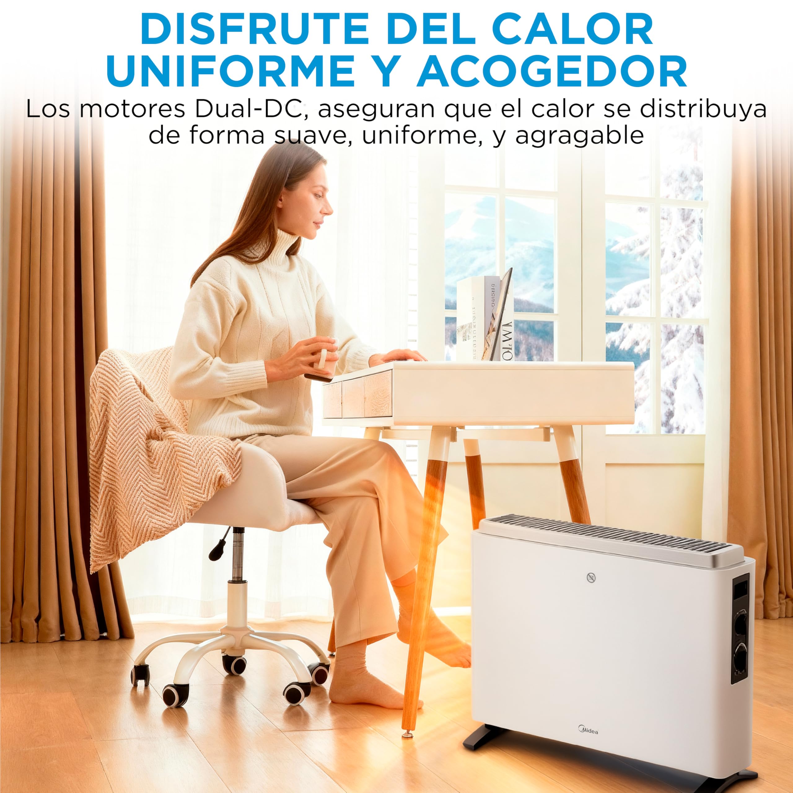 MIDEA Convector Radiador Electrico Bajo Consumo | 2000W | Calefactor Electrico con Termostato Regulable, Estufa eléctrica con 3 Niveles de Potencia, Emisor Térmico con Protección de Sobrecalentamiento