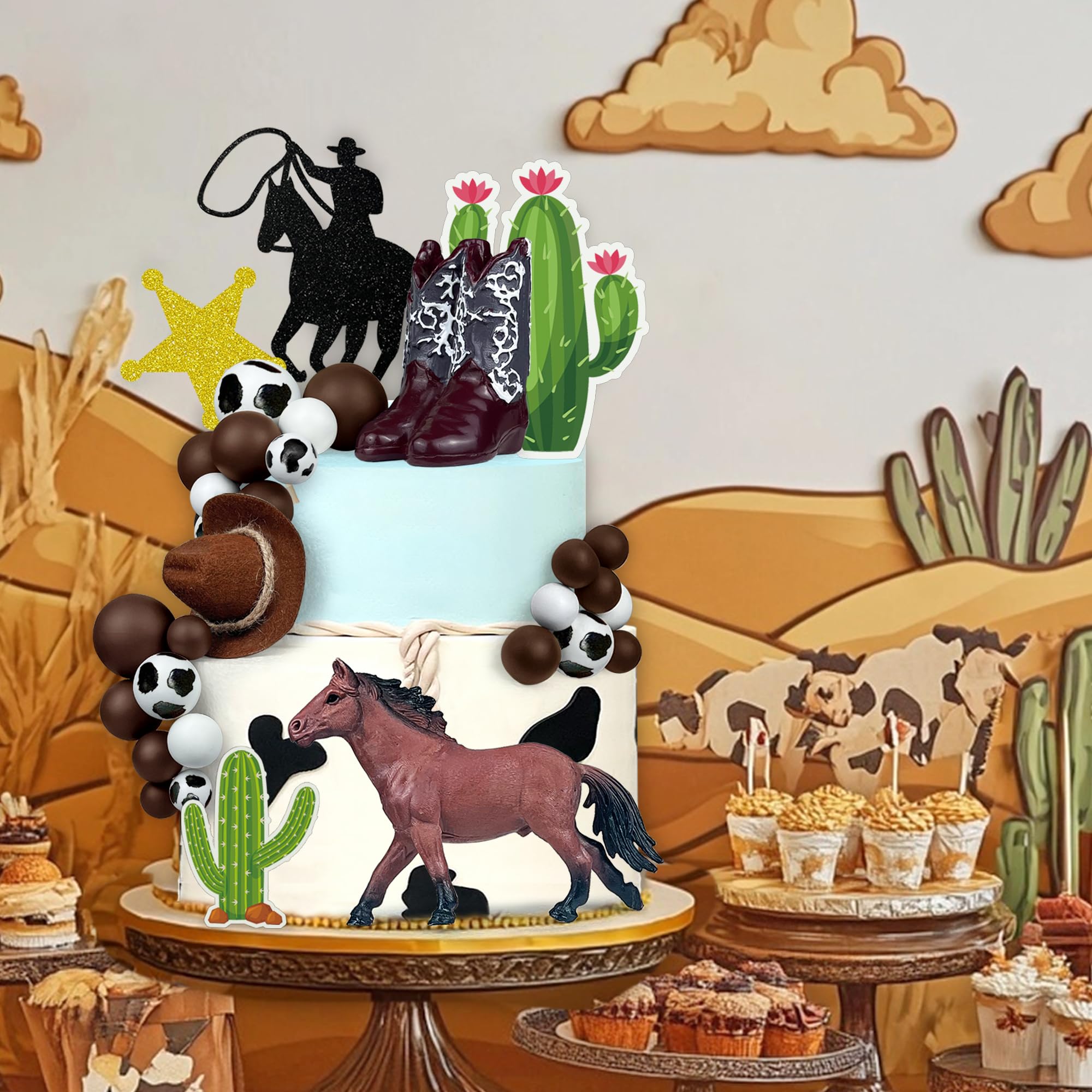 34-Piece Cowboy Cake Topper Set - Western Theme Decor With Hats, Boots & Horses