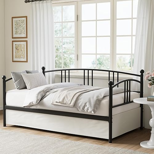Twin Daybed Without Trundle, Metal Twin Size Daybed with Storage, Steel Slat Support Sofa Bed for Living Room, Bedroom, Guest Room, Black