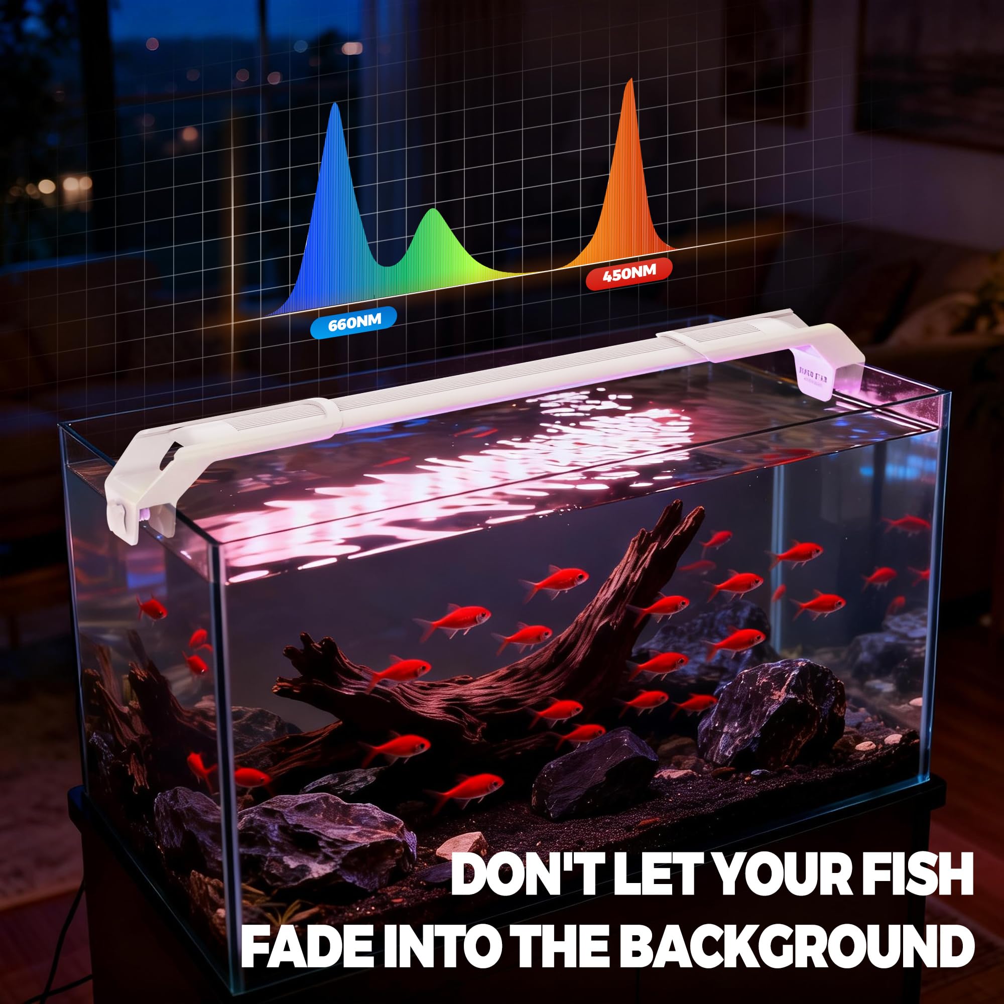 AQUASMITH Aquarium-Licht, kein rotes Wasser, spezifisches Vollspektrum-Licht, kommt mit zwei Halterungen, Timing-Funktion, Speicherfunktion, einstellbare Helligkeit, IP68 (25,4 cm)