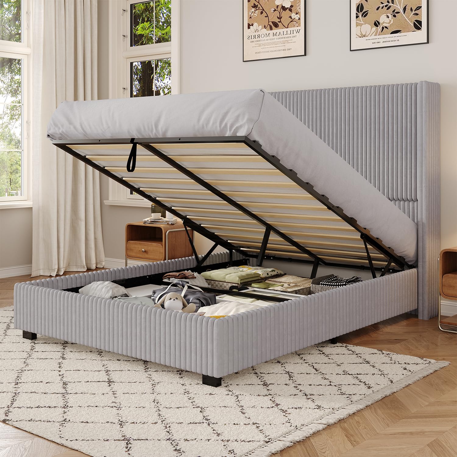 Photo 1 of ***PARTIAL SET- PRICE ADJUSTED*** UNIQUITE King Size Lift Up Storage Bed Frame with 51 Inch Tall Wingback Headboard, Corduroy Upholstered Platform Bed with Hydraulic Storage, 2 USB Ports, No Box Spring Needed, Noise-Free, Light Grey
