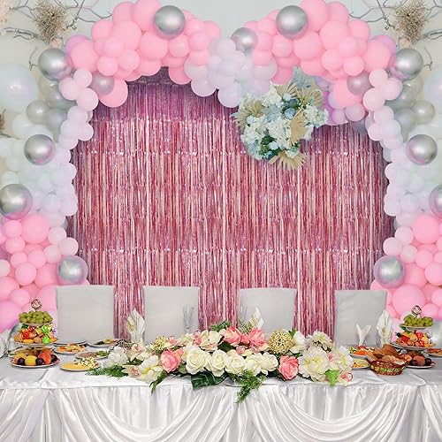Miniatura 3 de Accevo Paquete de 3 cortinas de flecos de papel de aluminio con purpurina de 3.2 x 8.2 pies, decoración de fiesta rosa, serpentinas de oropel