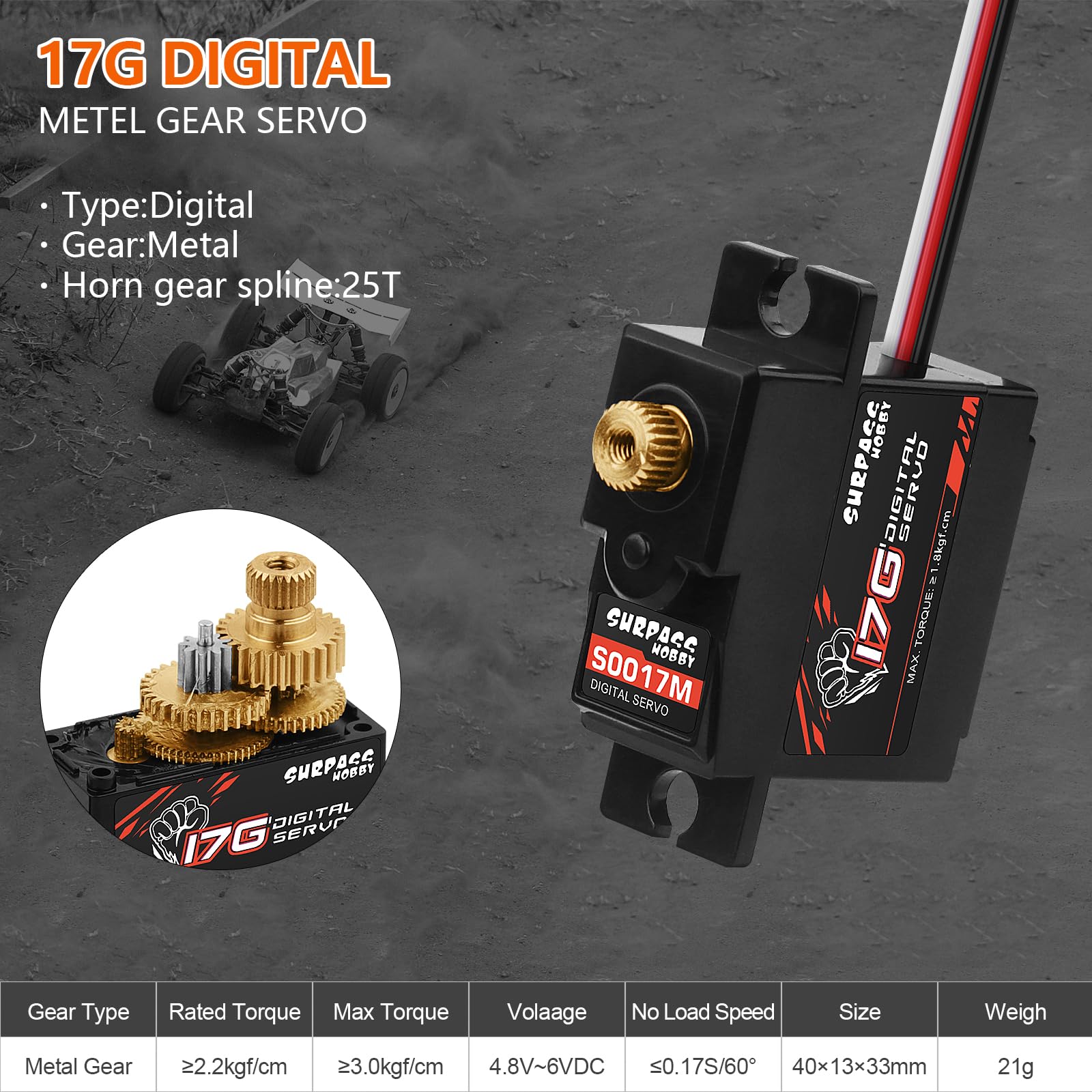 4 piezas de engranajes de metal de 17 g, servo digital de 1,8 kg para avión, robot RC 1/18 1/16, camión, coche, barco, conducto de avión