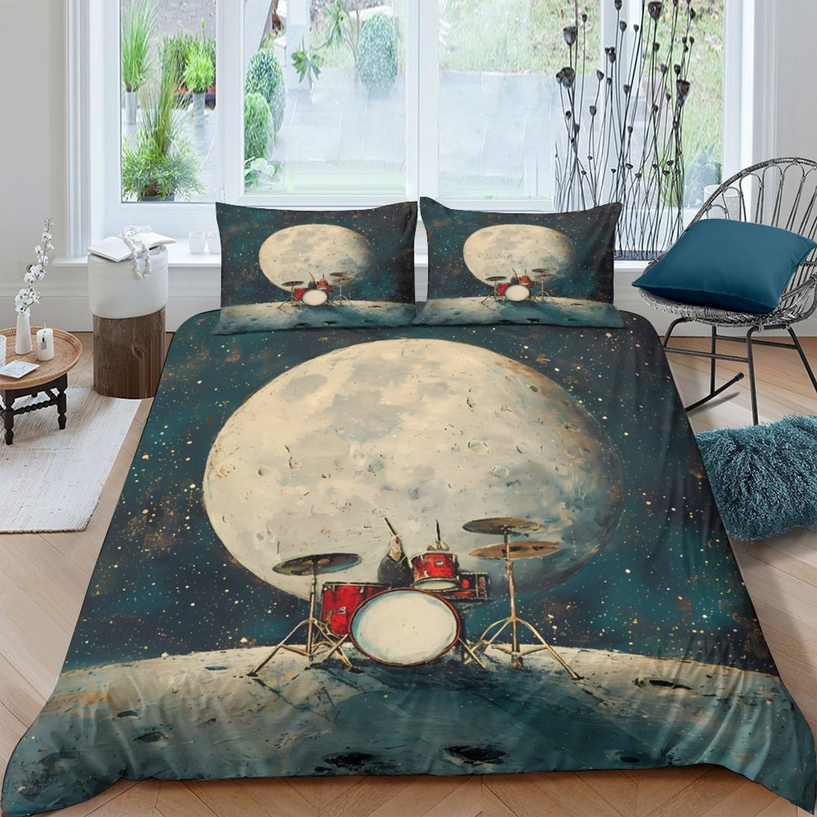 Ctjqhvkz Style-2 3D Printed Full Moon Drum Set Fitted Sheet Microfiber Soft Artistic Bed Cover For Bedroom Dorm Mattress Protection Decor Single（135X200cm）