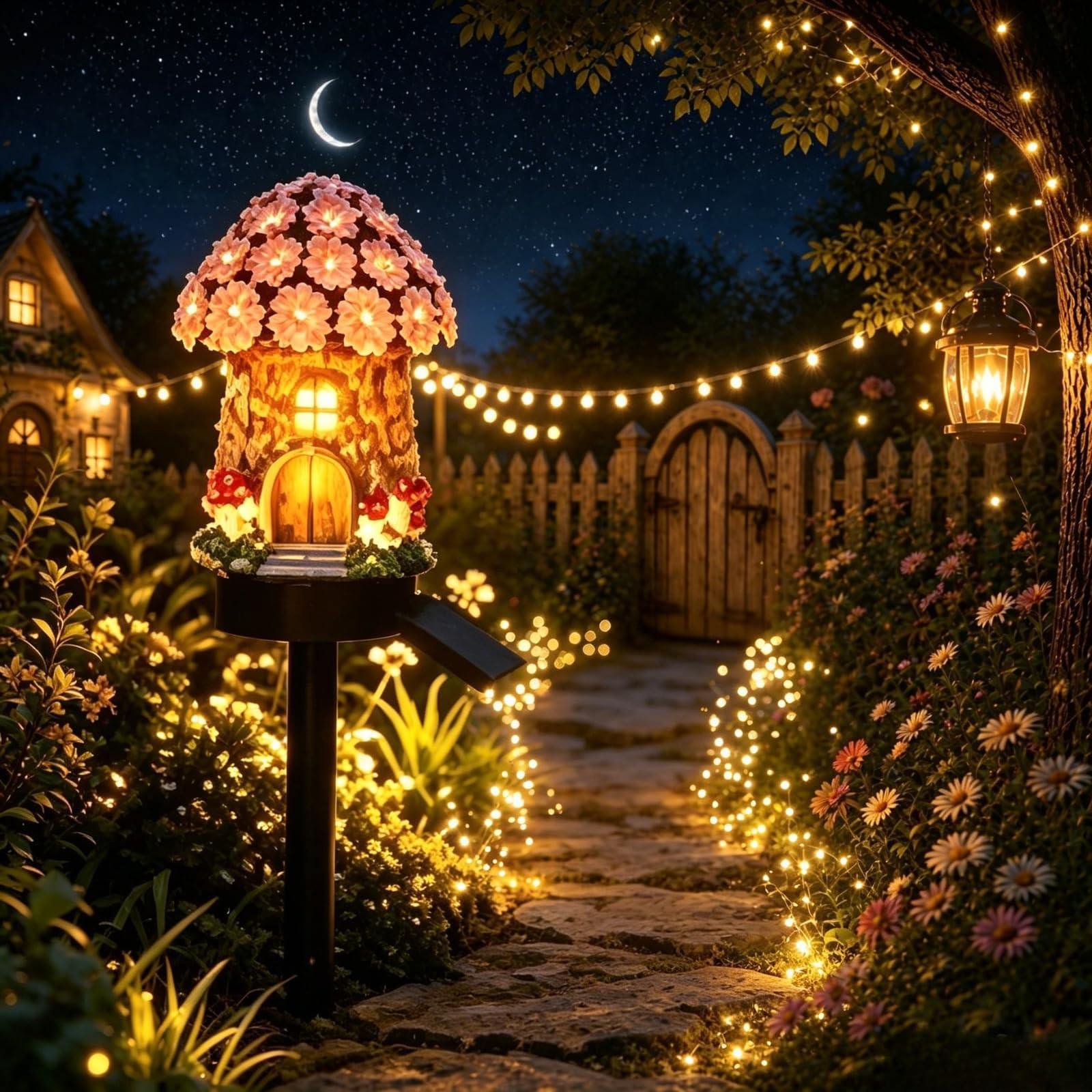 Solar Fairy-Tale Mushroom House Lights Cottage Garden Stake Lights, Resin Mushroom Cottage Figurine, Waterproof LED Mushrooms House Statue Lamp, Outdoor Landscape Pathway Yard Patio Lawn Decor (#03)