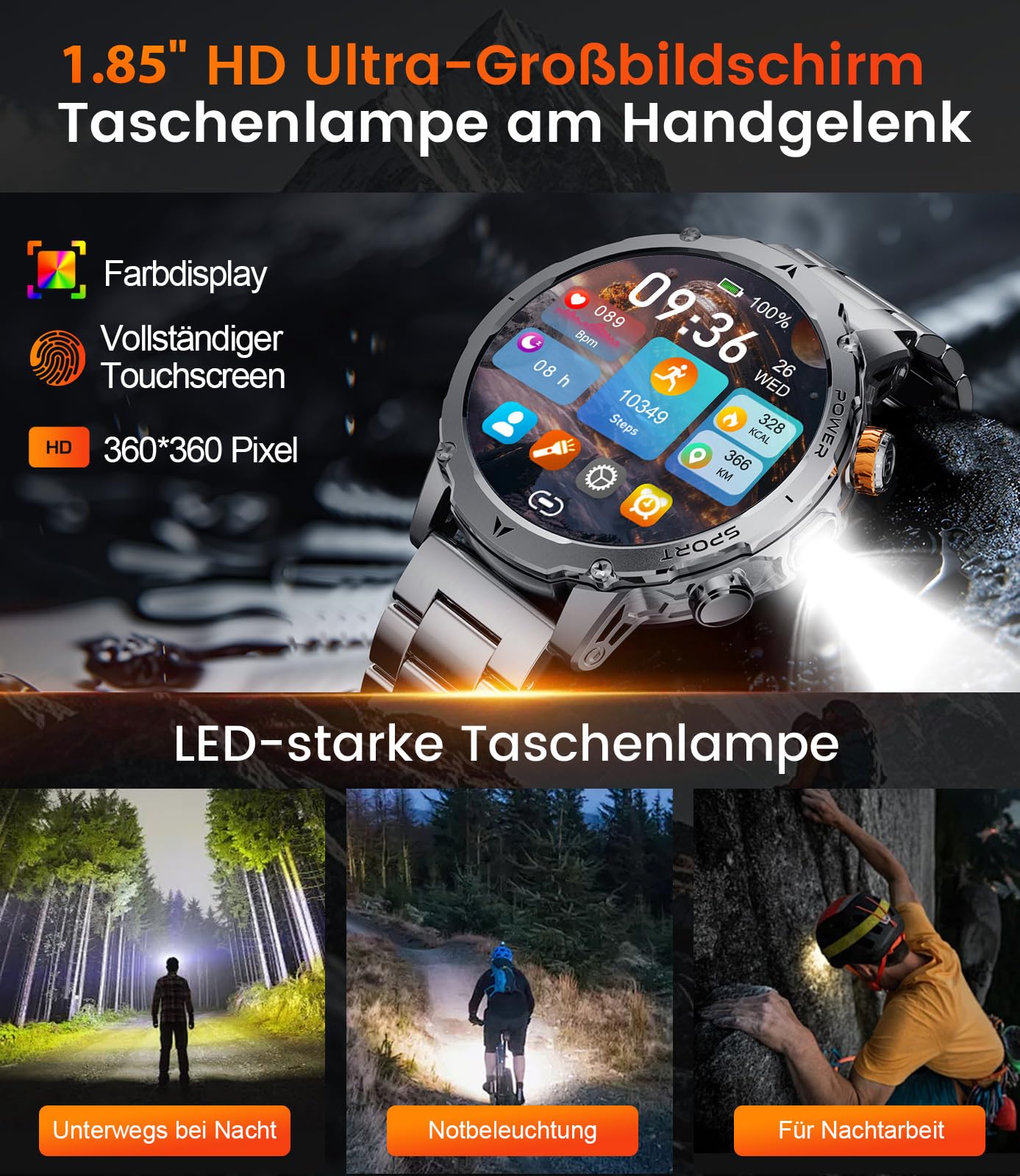 EF24 Herren Smartwatch Militär mit LED-Taschenlampe, 1,85 Zoll HD Fitnessuhr, 1000mAh Akku, 100 Sportmodi, IP68 Wasserdicht, 3 Armbänder, USB- und Typ-C-Ladekabel, für Android iOS, Schwarz
