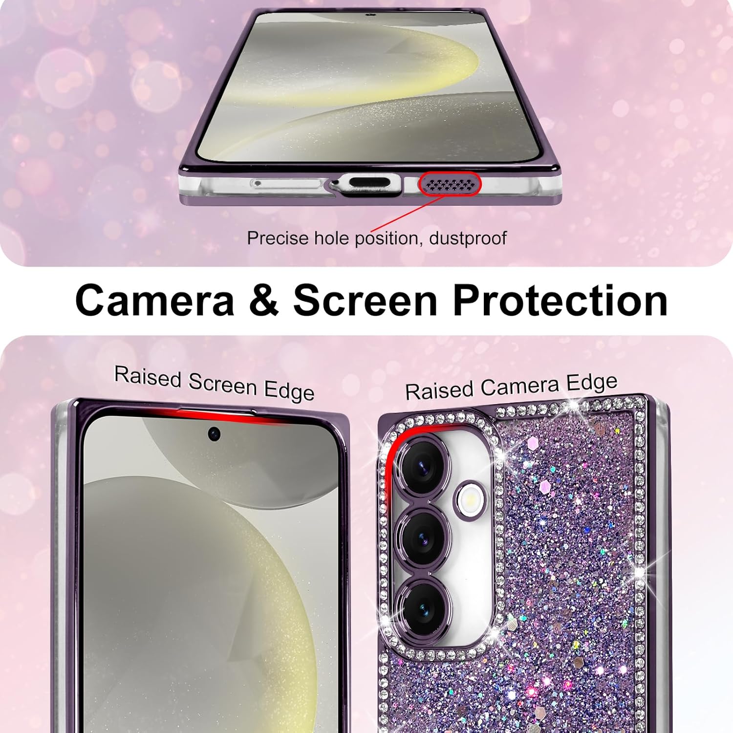 for Samsung Galaxy S24 Case Luxury Glitter, Bling Crystal Diamond Rhinestones Sequin Sparkly Glossy Cute for Women Soft Rectangle Shockproof Protective Phone Case, Purple
