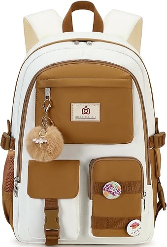Mochila para laptop para mujeres universitarias, escuela primaria, secundaria, mochila de viaje para adolescentes y niñas, Marrón Beige, Grande,