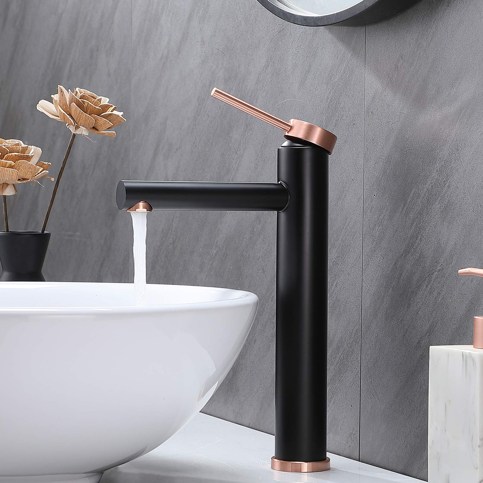 VESLA HOME Single Handle One Hole Black and Gold Vessel Sink Faucet,Modern Tall Bathroom Faucet,Above Counter Lavatory Vanity Vessel Faucet with Water Hoses and Overflow Pop up Drain