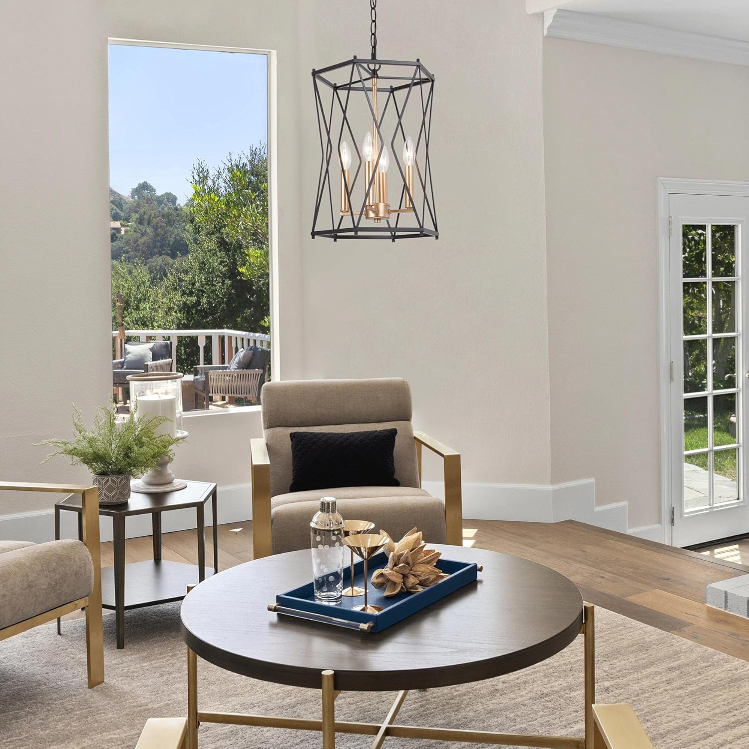 Durent Lighting Black and Gold Chandelier, Modern 4 Light Chandelier Light Fixture with Cage Shape for Dining Room, Bedroom, Living Room, Kitchen Island and Foyer