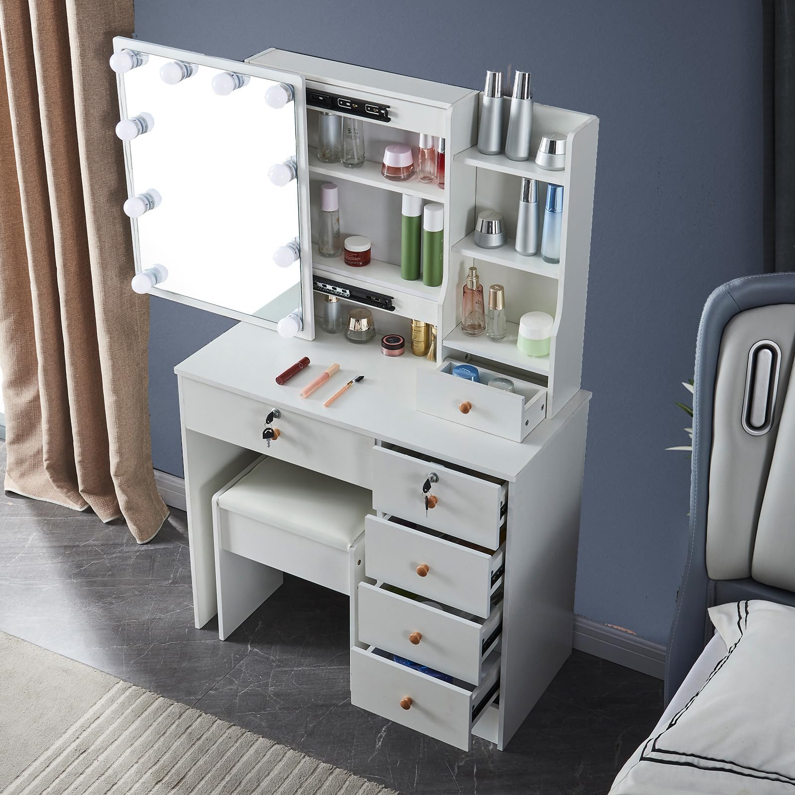 Puselo White Dressing Table Vanity Table with Mirror and Stool Makeup Vanity Table with Lights and Drawers,Cushioned Stool,Vanity Desk for Women Girls Bedroom (Modern P6)
