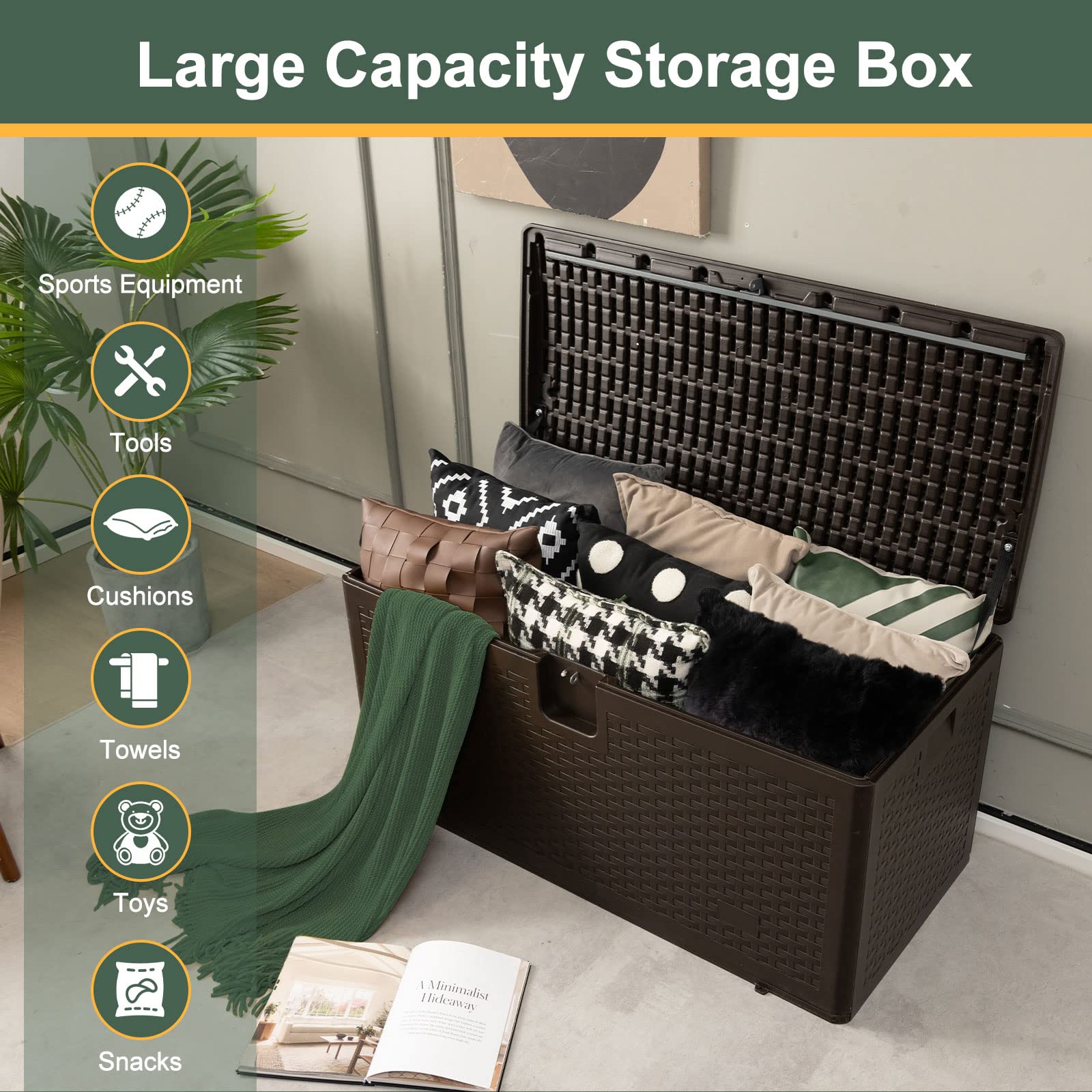 GIANTEX Cassapanca Per Esterni in Metallo e PE Rattan, Contenitore Impermeabile da 276 L, con Chiusura a Chiave, 114 x 54 x 56 cm, Marrone