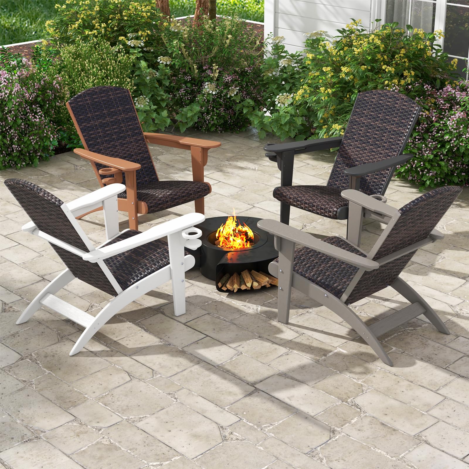 COSTWAY Silla Adirondack, HDPE con Asiento y Respaldo Acolchonados de Ratán, Silla Jardin con Reposabrazos Anchos y Portavasos Oculto, 92 x 76 x 100 cm (Gris)