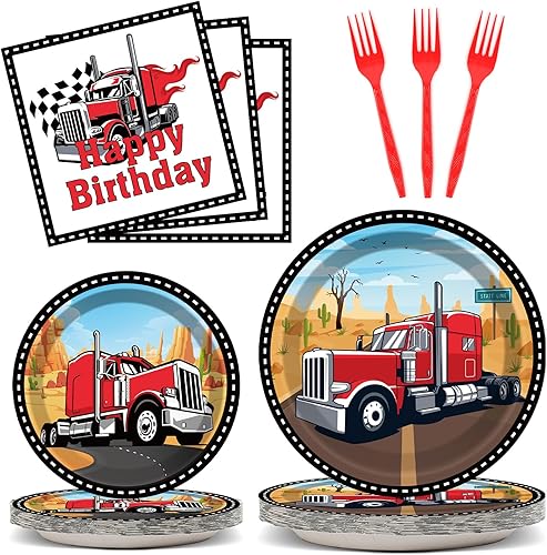 gisgfim 96 piezas de suministros para fiestas de camiones semirremolque, platos de papel, servilletas con tema de tractor remolque, decoraciones de