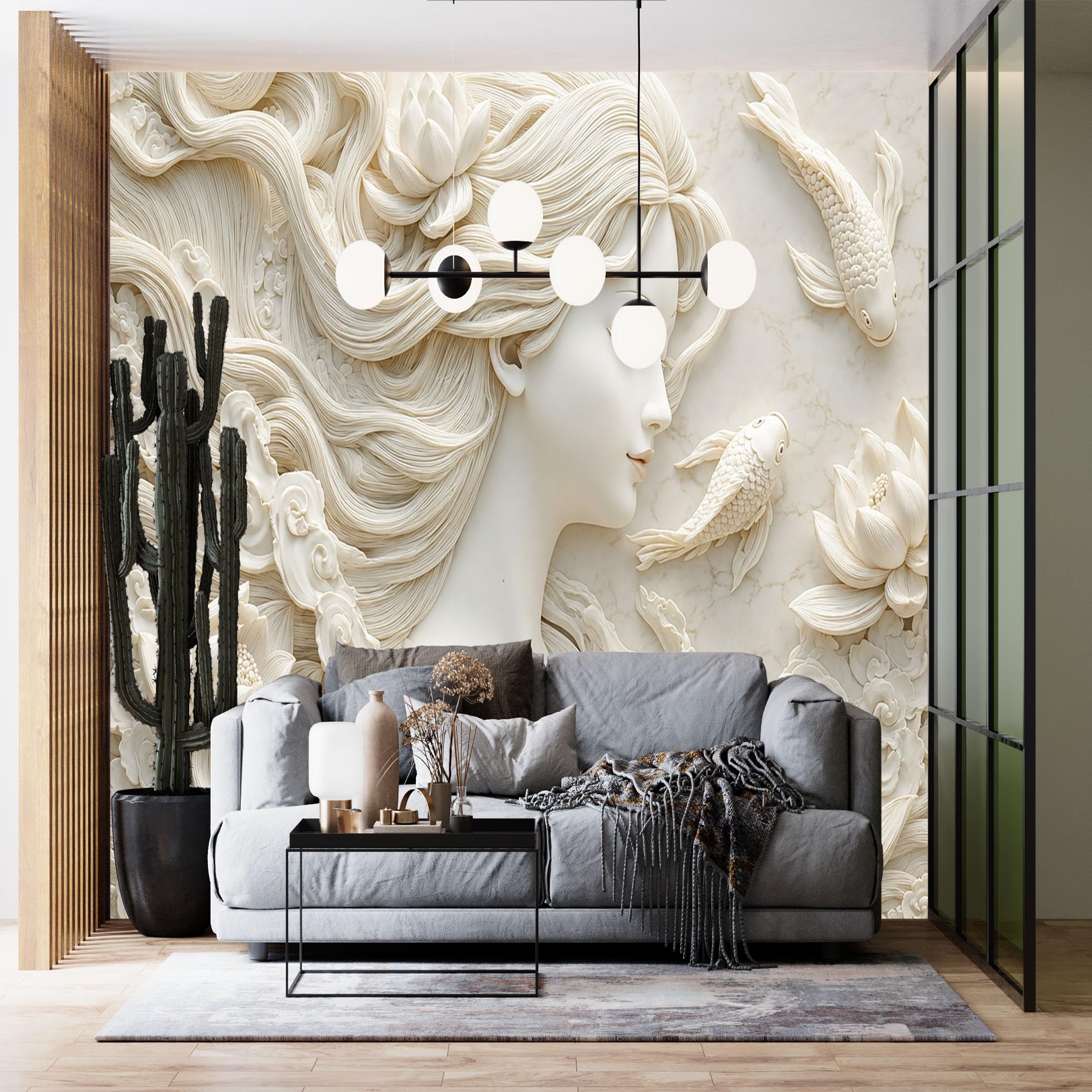 Carta Da Parati 3D Con Volto Di Donna Per Camera Da Letto 80X56 Pollici Con Dama Orientale E Pesci Koi Murale 3D Con Texture Per Camera Da Letto E Soggiorno Carta Da Parati Fotografica In Tessuto No