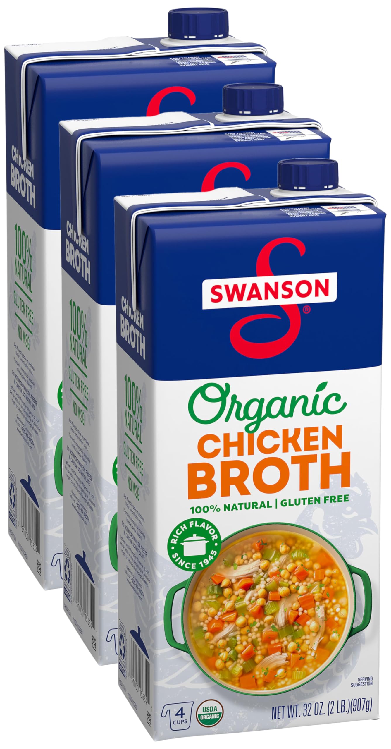 Swanson 100% Natural Organic Chicken Broth, 32 oz Carton (Pack of 3)