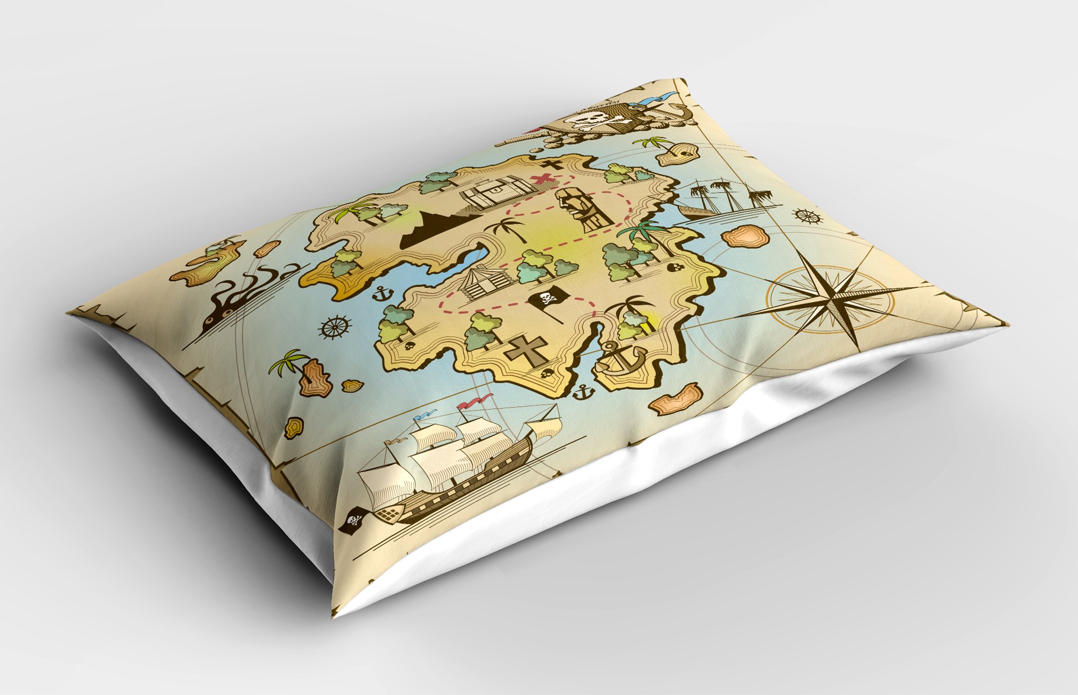 Lunarable Island Map Pillow Sham, Cartoon Treasure Island Pirate Ship Chest Kraken Octopus Nautical Kids Design, Decorative Standard King Size Printed Pillowcase, 36
