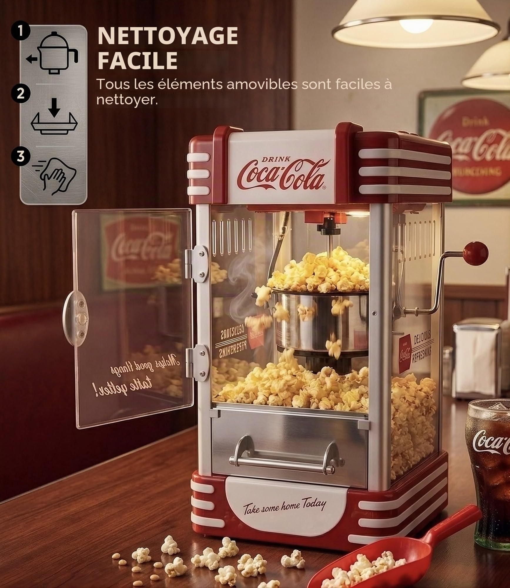 Salco Coca-Cola Machine à pop-corn – Machine à pop-corn au design rétro rouge (années 50), style cinéma, bouilloire en acier inoxydable avec revêtement antiadhésif, système de mélangeur intégré,