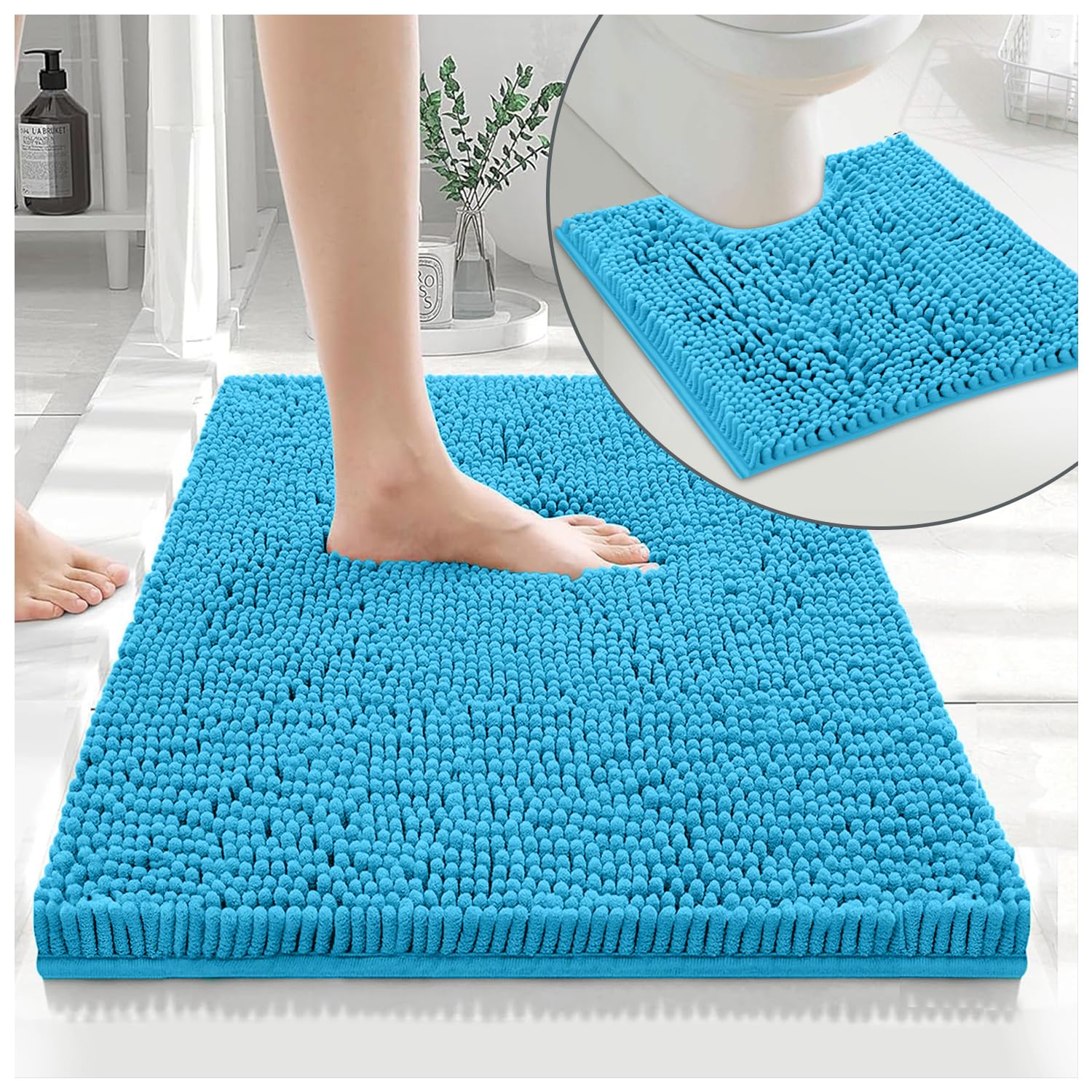 GC GAVENO CAVAILIA Soft Bath Mat Sets For Bathroom | 2 Piece Bath Mat Non Slip Back | Highly Water Absorbent & Fast Drying 100% Microfiber Chenille Toilet Rug with Pedestal Mat | Teal