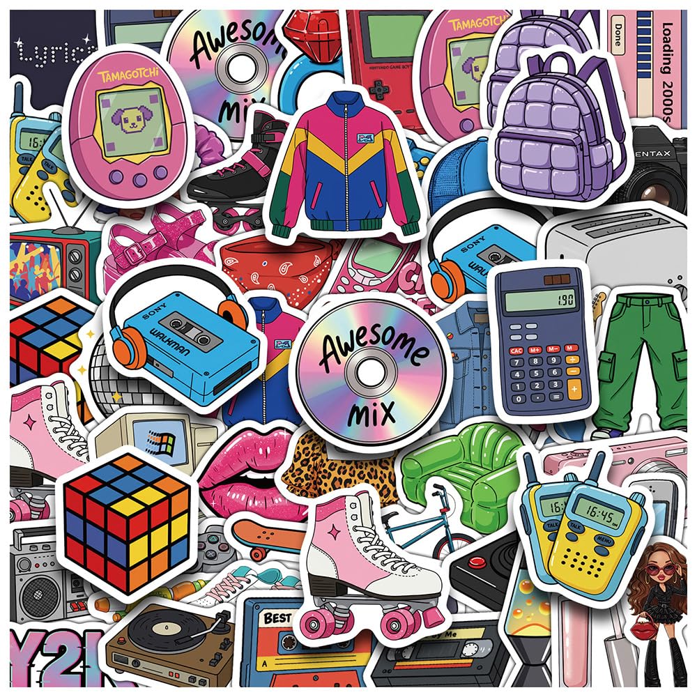 Y2K Aesthetic Stickers, 50PCS 2000s Nostalgia Vinyl Stickers, Waterproof Retro 90s/2000s Stickers for Water Bottles, Laptops, Skateboards, Phone Cases - Y2K Party Decor Supplies for Teens Girls