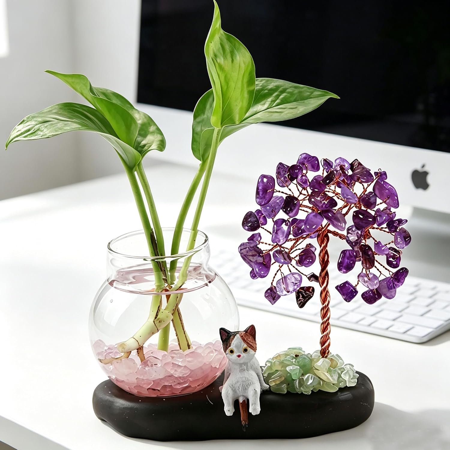 Mini Plant Propagation Station, Amethyst Tree Hydroponic Glass Vase | Cute Cat Figurine, Home Office Desks Aesthetic Decorations, Gift for Women Plant Lovers and Cat Lover