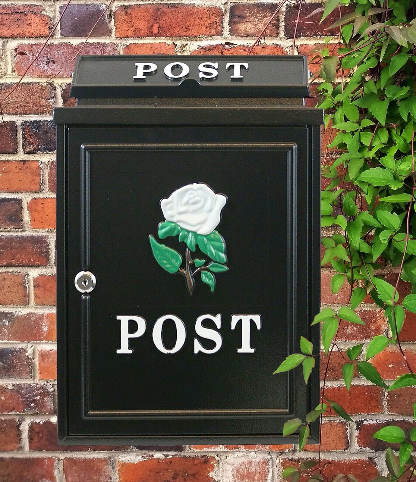Aurahome ® Weatherproof Post Box Classic Rose Design-Lockable Heavy Duty Secure Wall Mounted Letter Mail Post Box Post for Walls/Gates/Garages..Charming easy to fit (Black with White Rose)