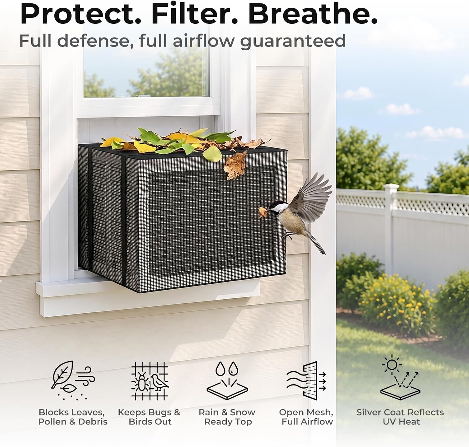 KylinLucky Mesh Window AC Cover, 420D Water-Resistant, 21.5×16×15 inch | Breathable PVC Mesh Air Conditioner Cover with Water-Resistant Oxford Top, UV Resistant, Dust Protection, Black