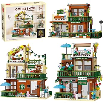 MOCBROPCS Street View Balcony Caf  House Architecture Construction Kit 3-in-1 Modular Simulation Houses Construction Toy with LED Lights Gift for Adults and Girls from 8 Years 875 Pieces