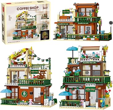 3 in 1 Street View Coffee Shop City Building Set, Compatible with City House Modular Simulation Architecture Construction Toy with LED Lights, Gift for Adults and Girls Kids Aged 8+875 PCS
