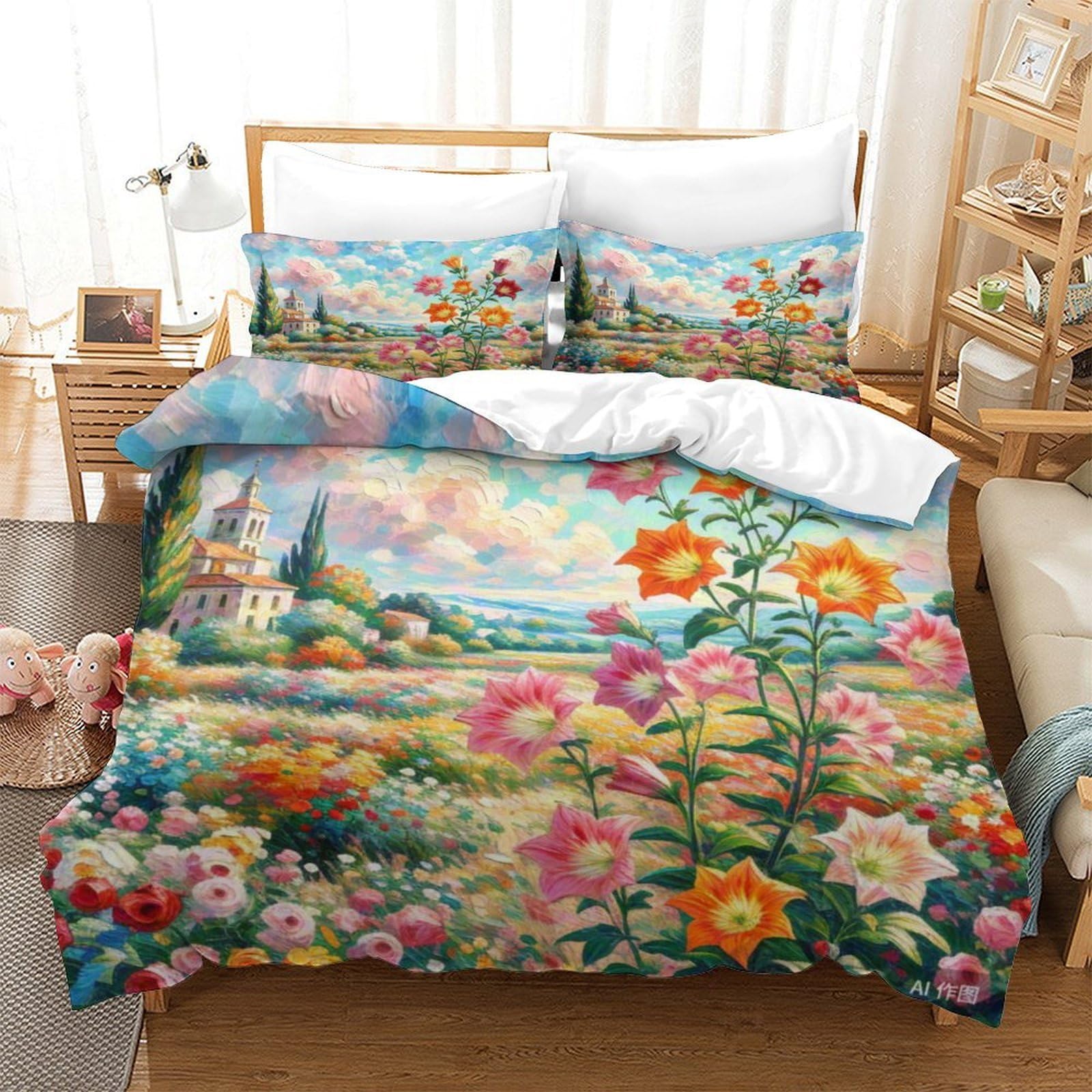 Parure de lit 260x220cm microfiche fleur de ballon imprimée 3D avec housse de couette et taies