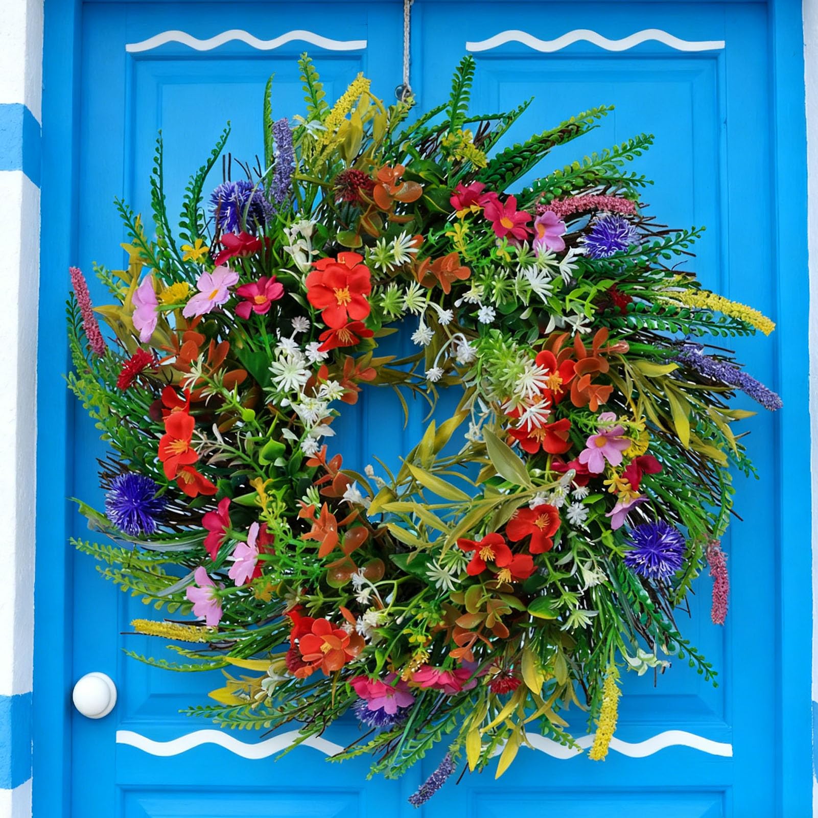 Ghirlanda di Fiori Artificiali Primaverili Estivi Verde Vivace Decorazione della Porta D'ingresso per il Raccolto All'aperto e Al Coperto 45 Cm (#1)