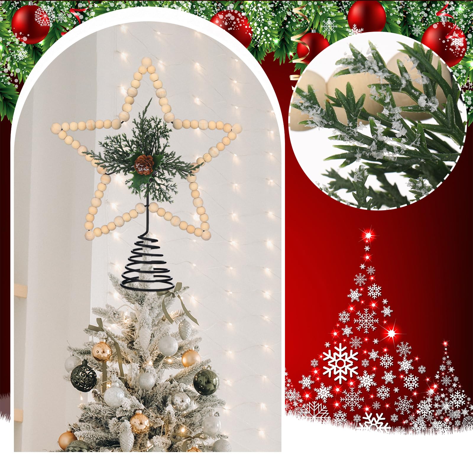Gejoy Cimier de sapin de Noël rustique en bois pour décoration de Noël rustique (cône, bois)