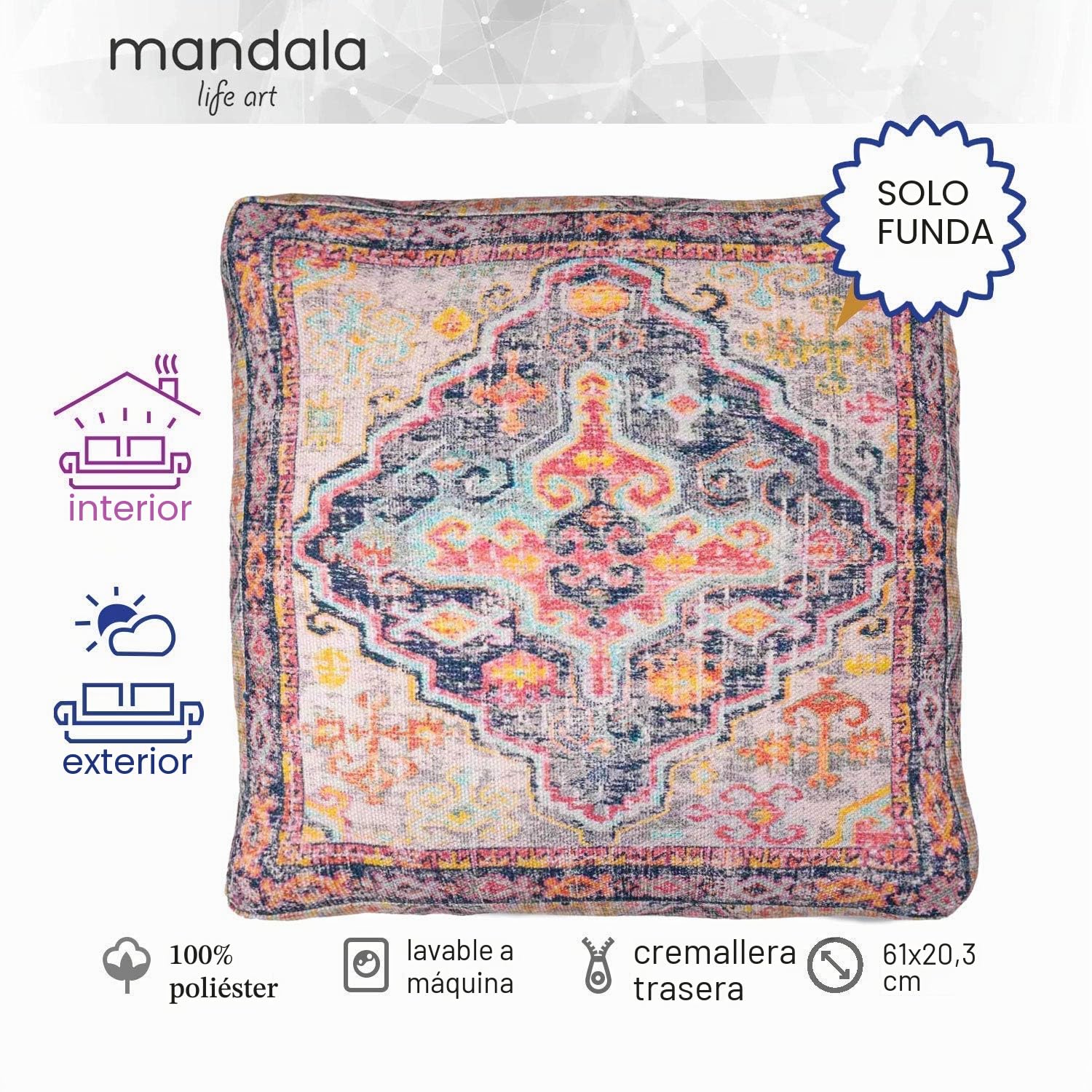 Mandala Life ART Puf Otomano para Exterior - Solo Funda - 60x20cm - Poliéster - Mueble Cojín de Suelo Bohemio Marroquí Boho Chic