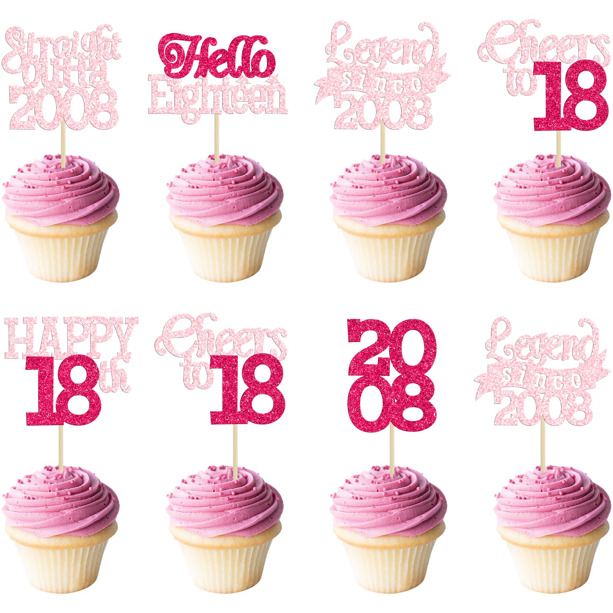 Gyufise 24Pcs Happy 18th Birthday Cupcake Toppers Hello Eighteen Legend Since 2008 Cupcake Picks Cheers to 18 Years Cake Decorations for 18th Birthday Anniversary Party Supplies Pink Rose Red