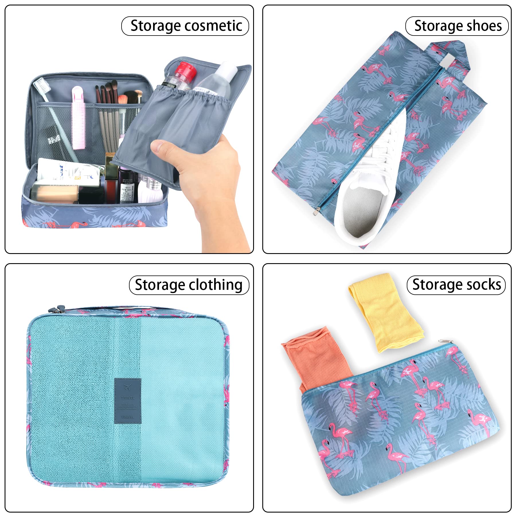 Coolzon Organizer Valigie Viaggio Set 8 Pezzi set, Cubi di Imballaggio Organizer Valigia Perfect Storage Travel Luggage Organizer per i vestiti,Cosmetici,Scarpe,Intimo,Fenicottero Blu