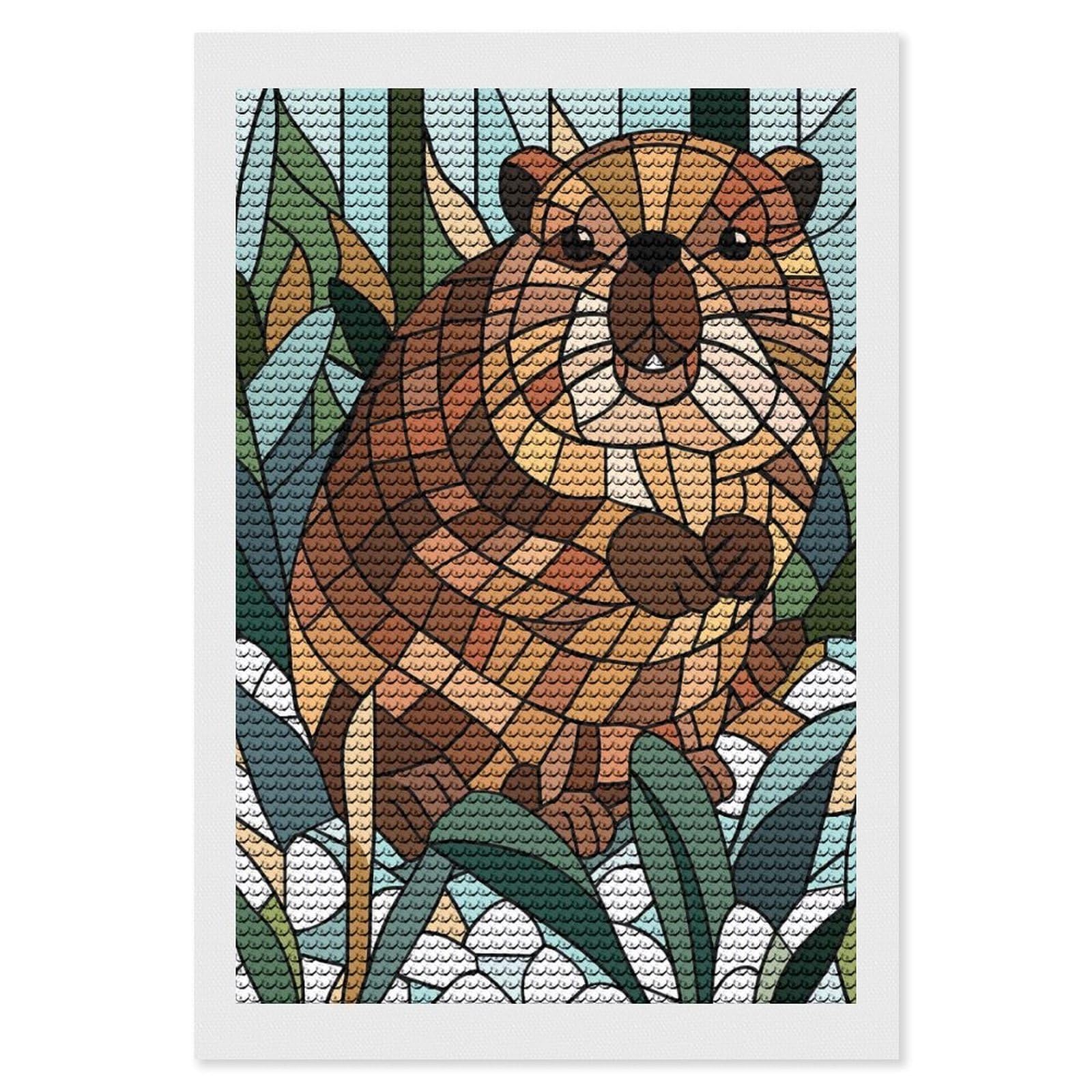 Junmoney Stained Glass Beaver in Nature Diamond Art Canvas 8"x12", for Adults, Printed Canvas, Home Wall Decor, Gift Idea, Mindful Craft Activity