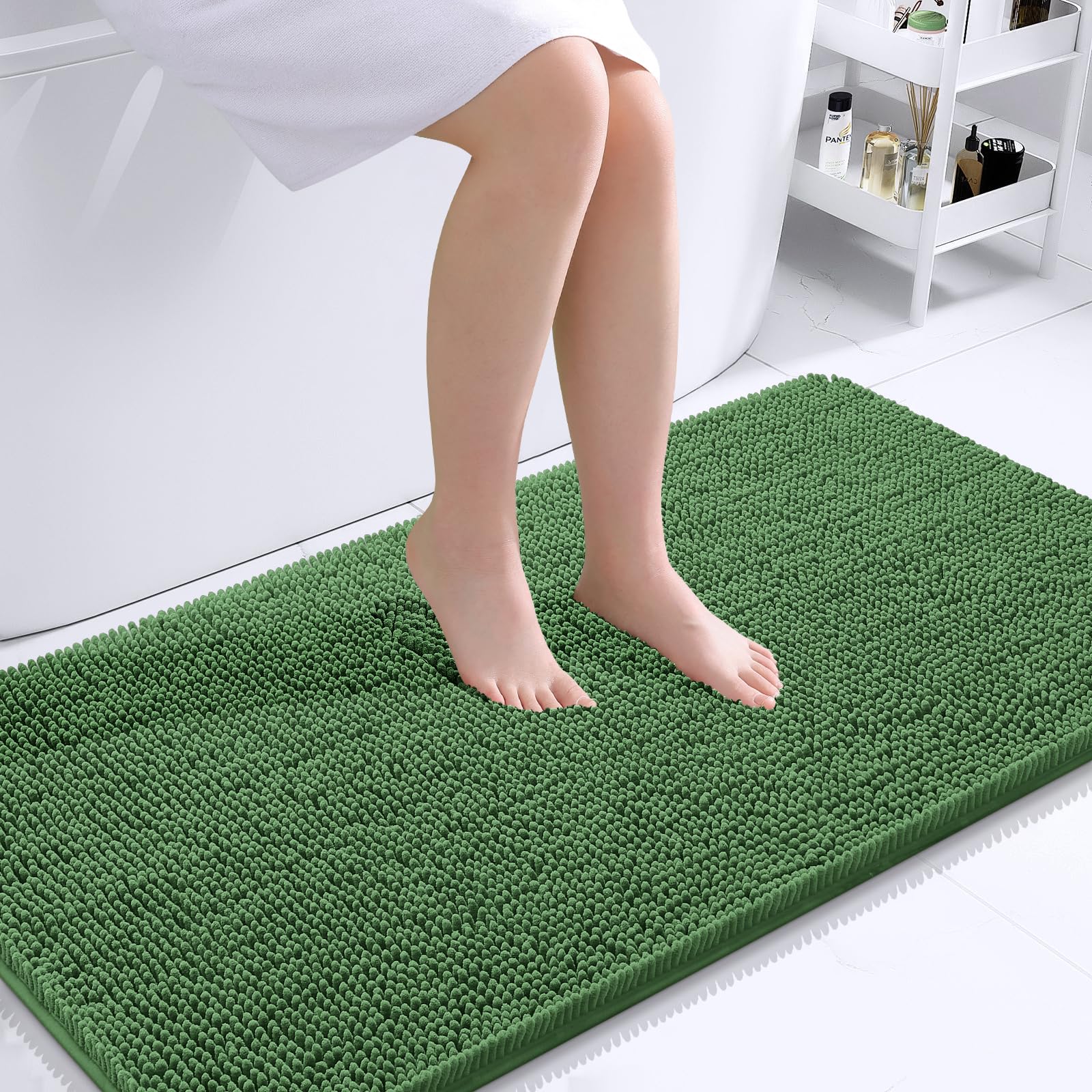 OLANLY Bathroom Runner Rugs 45x27, Extra Soft Absorbent Chenille Bath Rugs | Olive Green, Quick-Drying Rubber Backing, Washable Long Bath Mat for Bathroom Floor, Tub and Shower, Home Decor Accessories