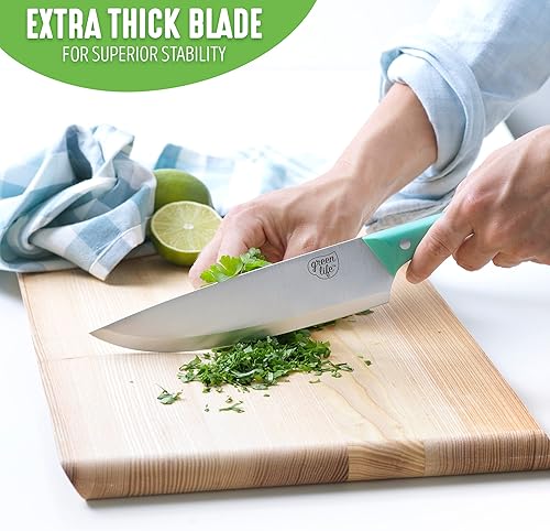 Miniatura 9 de GreenLife Juego de 5 cuchillos de acero inoxidable de alto carbono con fundas, incluye utilidad dentada Chef Santoku y emparejamiento, asas de