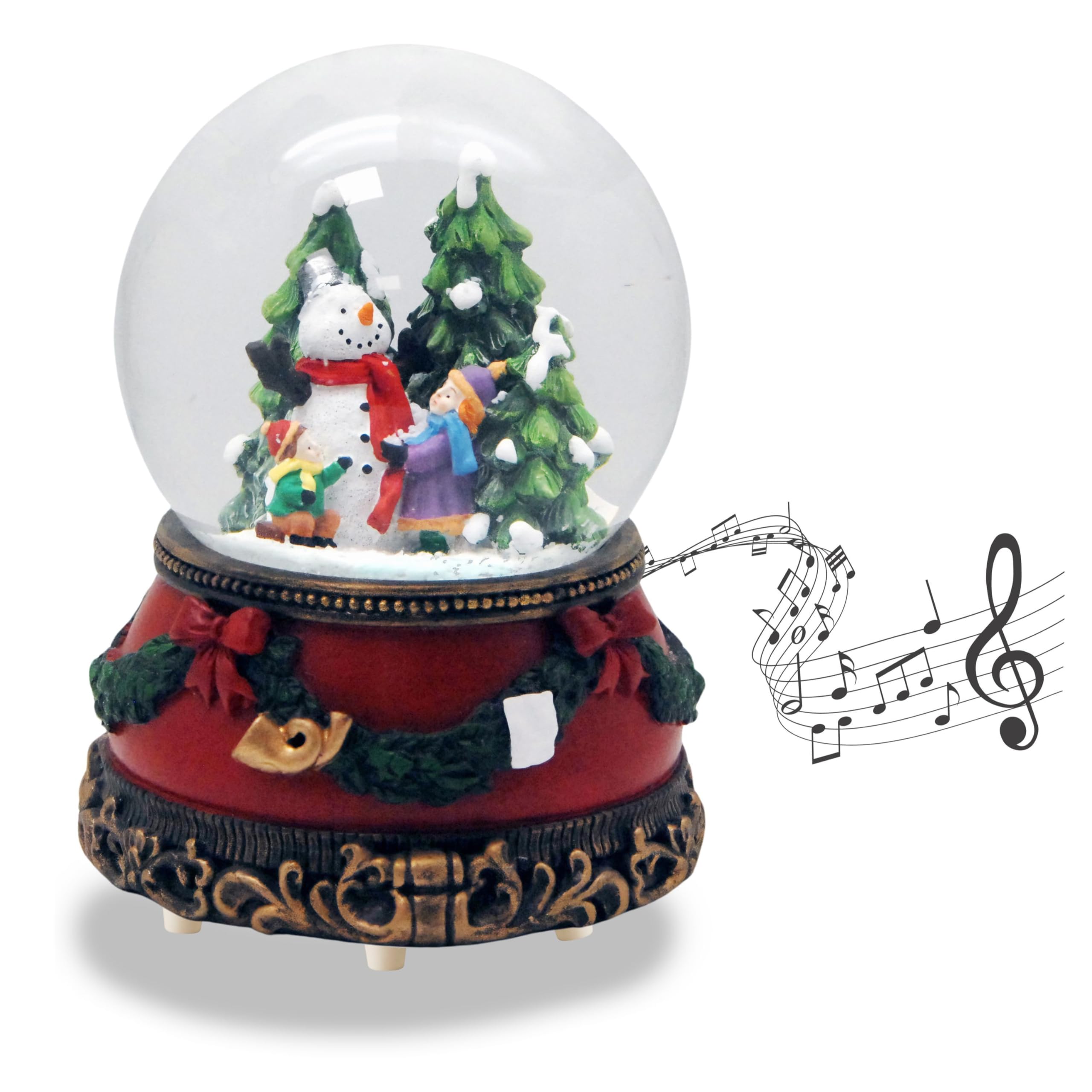 Schneekugel Weihnachten Spieluhr | Kinder Bauen Schneemann | Sockel Weihnachten rot Tannengirlande | mit Spieluhr | Schüttelkugel Weihnachtsdekoration | B: 10 cm H: 14 cm | 20270