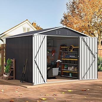 Zstar 7.5 x 8.5 FT Outdoor Storage Shed, Utility Tool Shed Storage House with Updated Frame Structure & Lockable Door, Waterproof Garden Steel for Backyard, Garden, Lawn, Patio, Brown