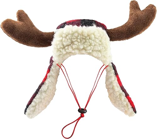 Huxley & Kent Sombrero para mascotas Antler Buffalo Check (pequeño) Accesorio festivo de Navidad para perrosgatos Sombrero de vacaciones para