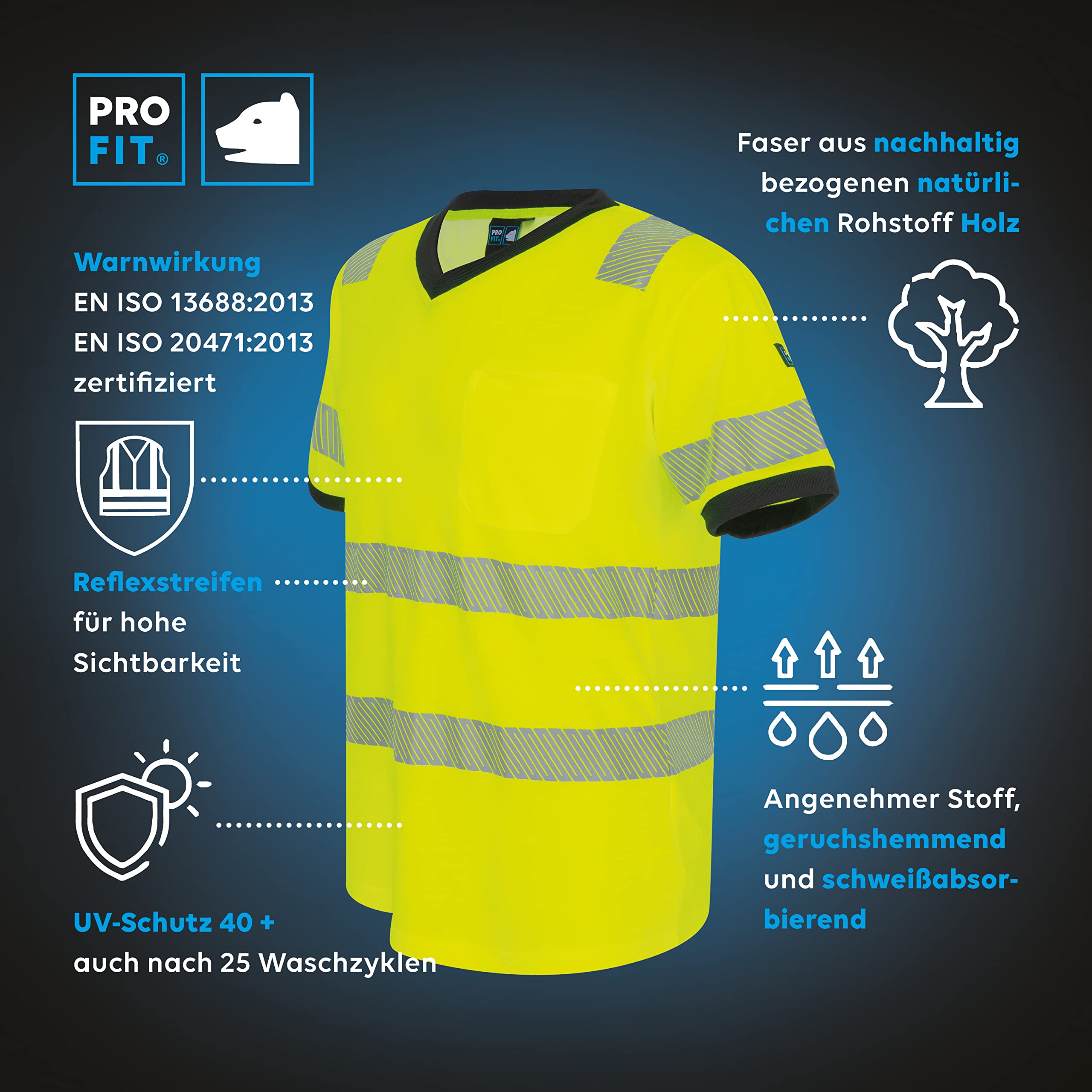 PRO FIT Warnschutz T-Shirt – Atmungsaktiv, Arbeits-Shirt, Allergiker geeignet, Herren, Damen, Reflexstreifen, UV-Schutz, Neongelb, Gr. 4XL
