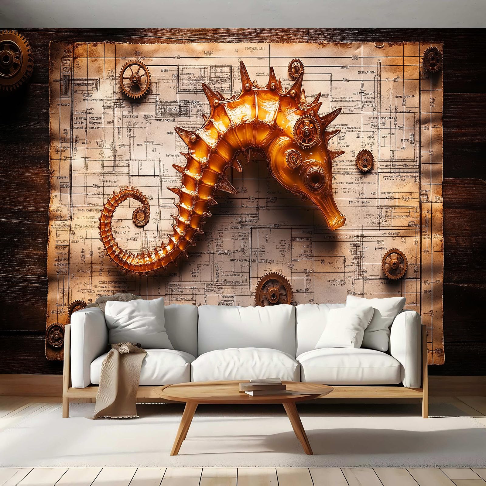 Papier peint 3d hippocampe steampunk en cuivre décor salon et bureau