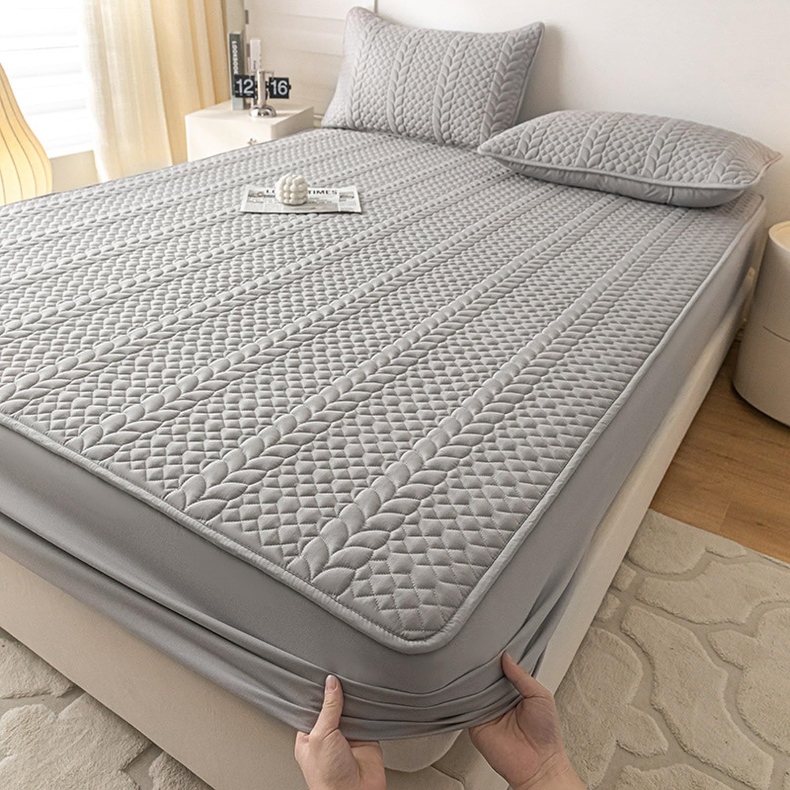 Sábana bajera impermeable de 150 x 200 cm + 30 cm de profundidad, súper suave, color gris claro, protector de colchón elástico y acogedor para máxima comodidad