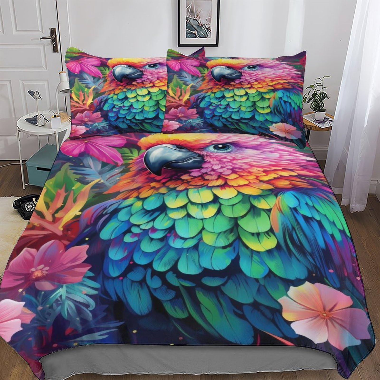Parure de lit perroquet exotique pour chambre d'enfant et ado ambiance jungle tropicale