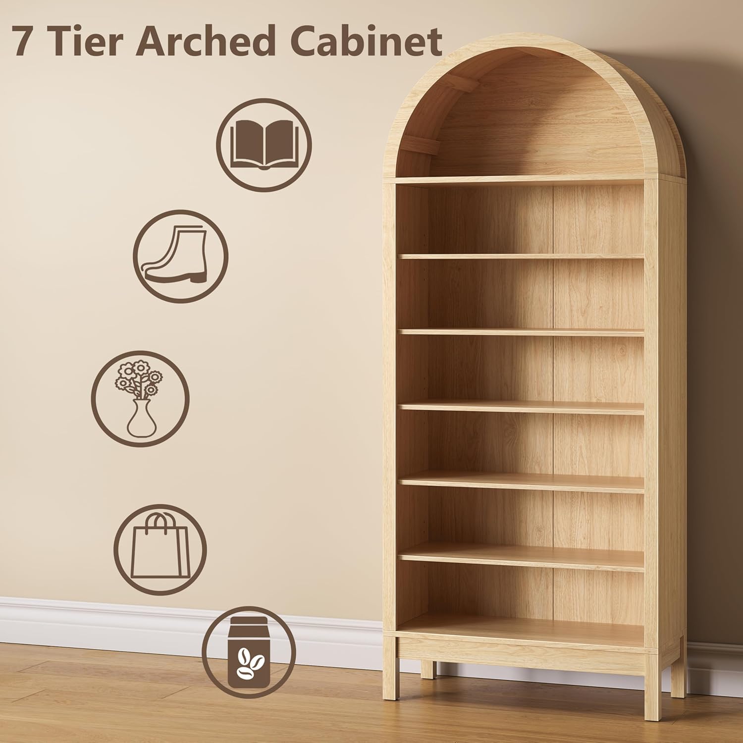 Wodeer Tall Arched Bookshelf, 7-Tier Bookcase with 3 Adjustable Shelves, Modern Farmhouse Storage Shelf for Living Room, Entryway, Office, 29.5" W x 70.1" H x 13.8" D, Natural Oak