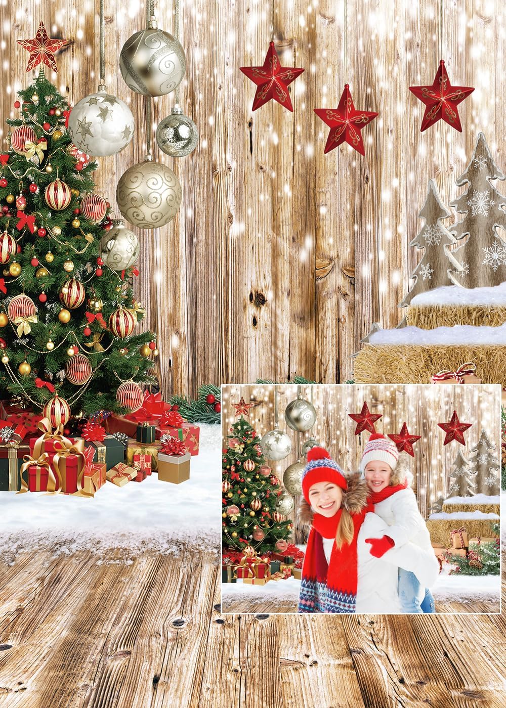 CHAIYA 5X7FT Christmas Backdrop Wood Floor Winter Snow Xmas Tree Gift Family Party Background New Year Party Decoration